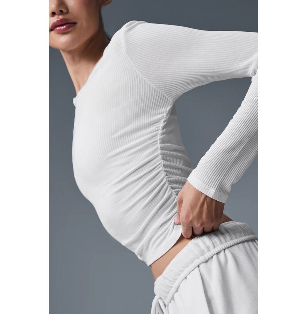 Alo Yoga White Gather Long Sleeve Top Ruched Cropped Active Gym Sports Size S